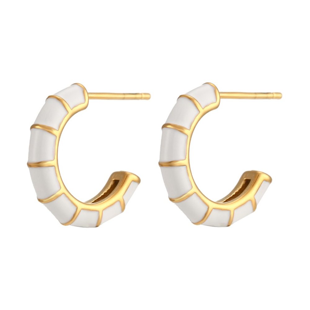 White Enamel Bamboo C Shape Huggie Hoop Earrings 18K Gold Plating Stainl…‎